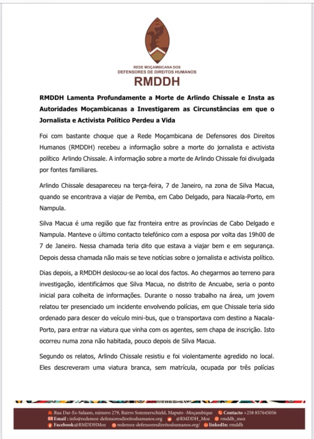RMDDH Lamenta Profundamente a Morte de Arlindo Chissale e Insta as Autoridades Moçambicanas a Investigarem as Circunstâncias em que o Jornalista e Activista Político Perdeu a Vida