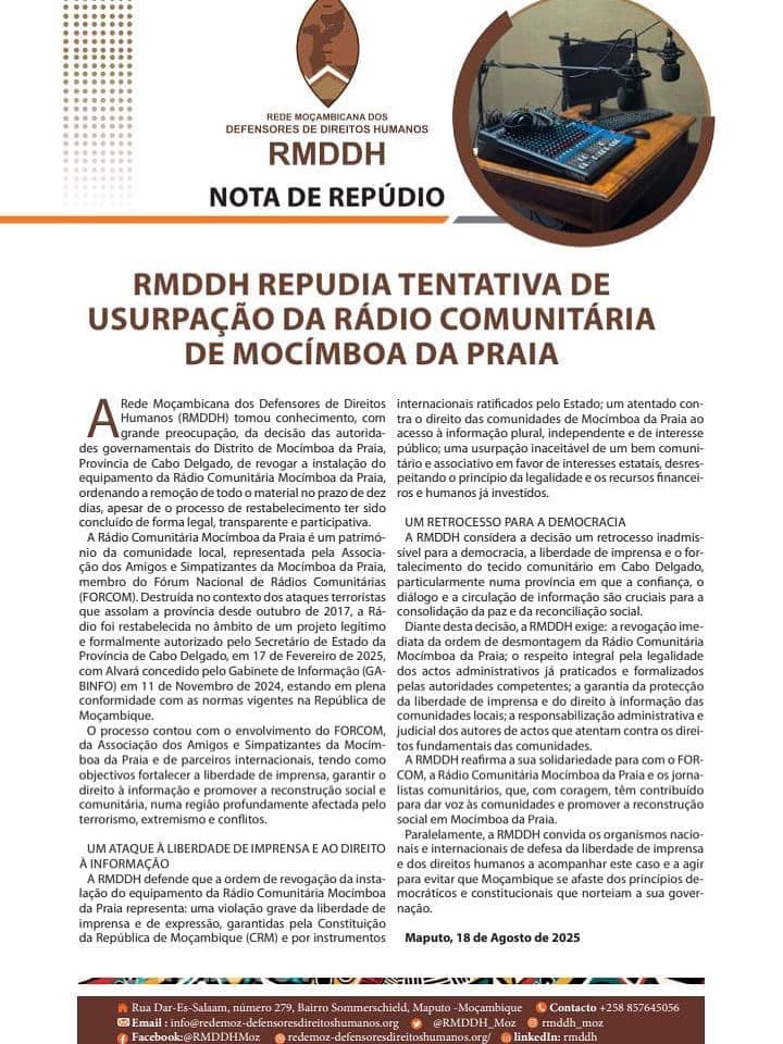 RMDDH repudia tentativa de usurpação da Rádio Comunitária de Mocímboa da Praia