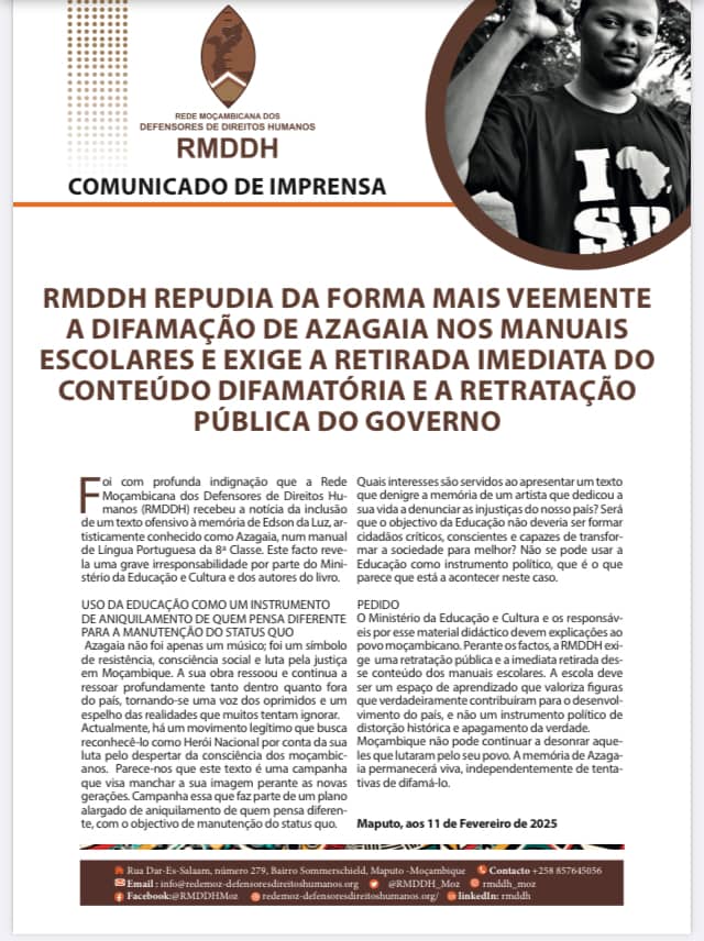 RMDDH REPUDIA DA FORMA MAIS VEEMENTE A DIFAMAÇÃO DE AZAGAIA NOS MANUAIS ESCOLARES E EXIGE A RETIRADA IMEDIATA DO CONTEÚDO DIFAMATÓRIA E A RETRATAÇÃO PÚBLICA DO GOVERNO